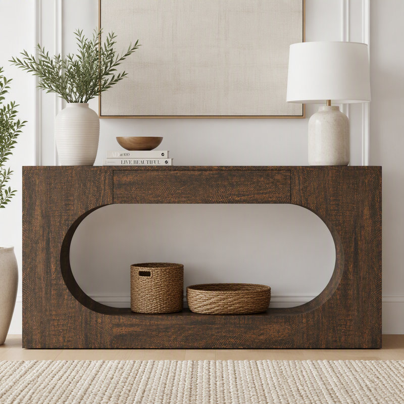 Console étroite avec tiroir et découpe creuse, maison de campagne moderne, Walnut