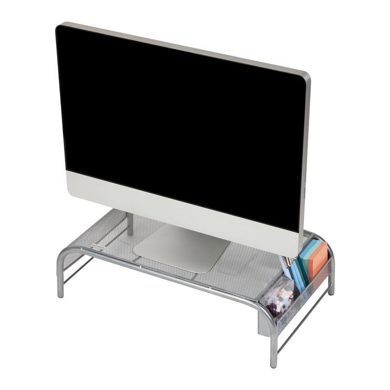 Silver Metal Mesh Monitor Stand with Side Storage