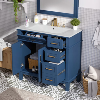 Meuble-lavabo moderne de 36 pouces avec lavabo en céramique, porte à fermeture en douceur et 4 tiroirs de rangement, offrant un look raffiné avec une fonctionnalité pratique au quotidien