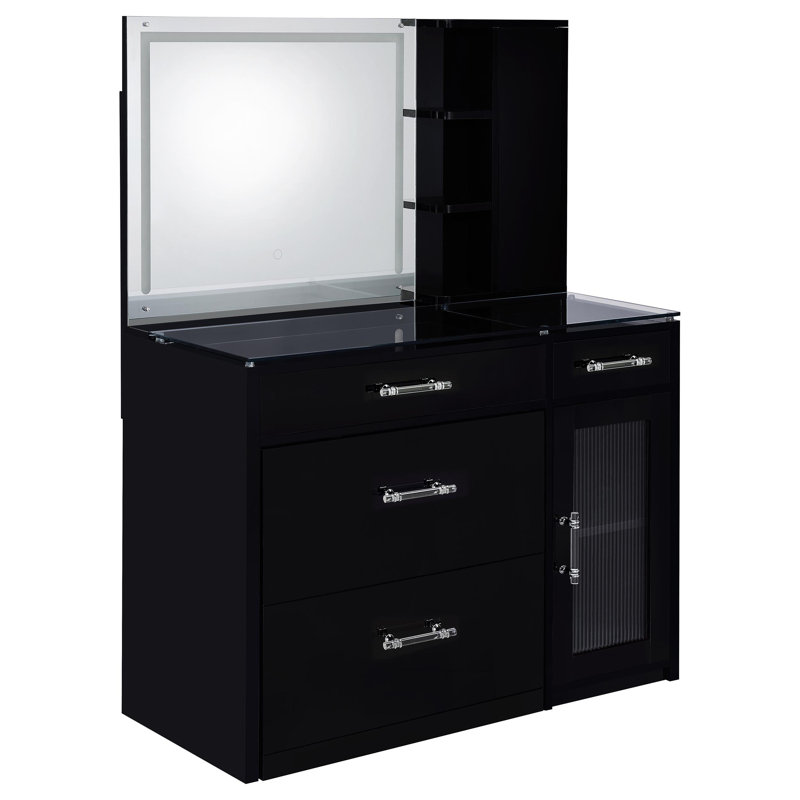 Ensemble de meuble-lavabo 2 tiroirs Flora avec miroir DEL ultrabrillant, Noir ultrabrillant