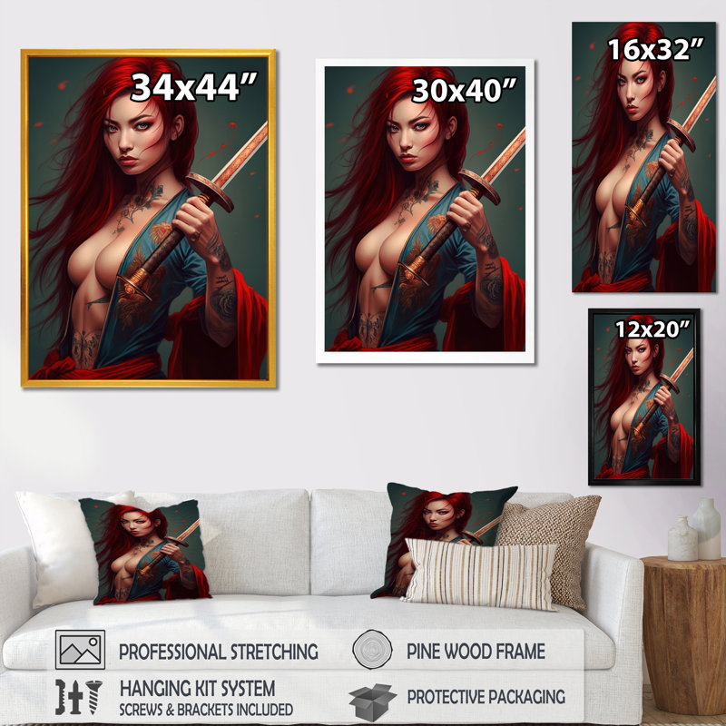 Fierce Samurai Girl III - impression, H 20 po x l 12 po x P 1 po, Encadrement doré