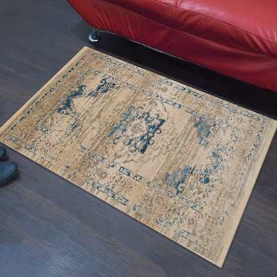Machine Made Polyester Area Rugs - Rectangle | Ivory Blue Color, Oriental Design, Low Pile Machine Made Area Rugs for Living Room, Bed Room
