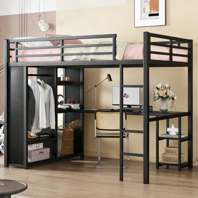 Structure de lit mezzanine en métal pour grand lit avec garde-robe intégrée, bureau et tablettes de rangement, sans sommier, noir, peu encombrant pour les chambres et les dortoirs