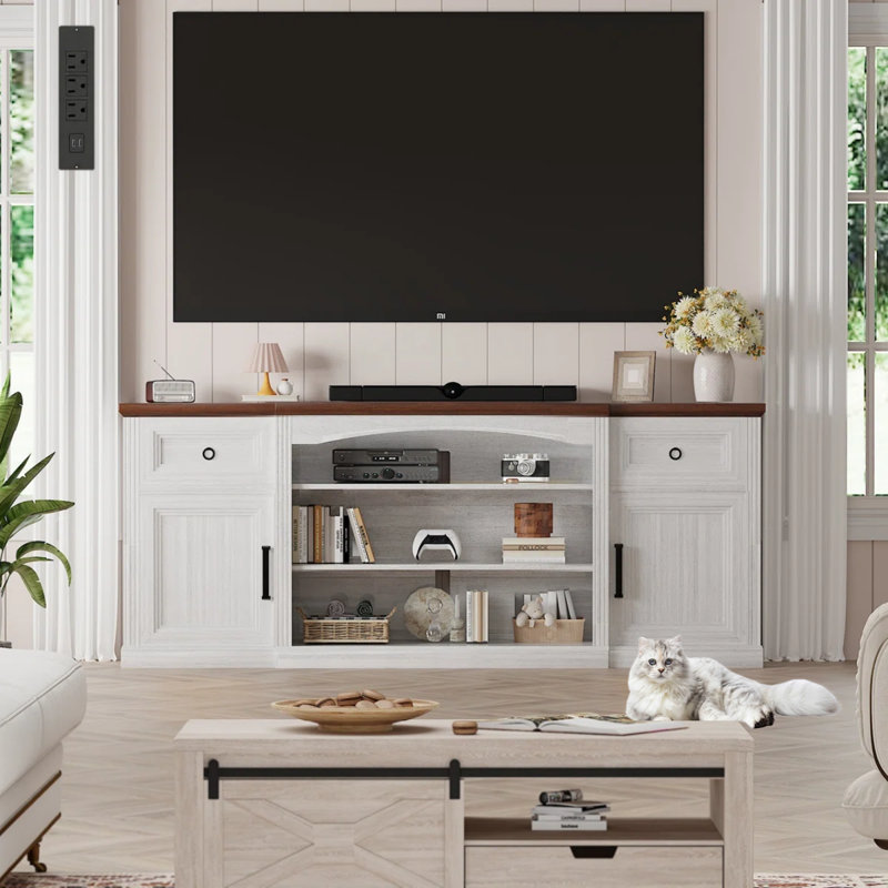 70" W Farmhouse Tv Stand For Tvs Up To 80", Large Media Console & Led Light And Charging Station, Modern Multimedia Storage Furniture With Cabinets, 2 Large Drawers & Adjustable Shelves, For Living Room, Bedroom