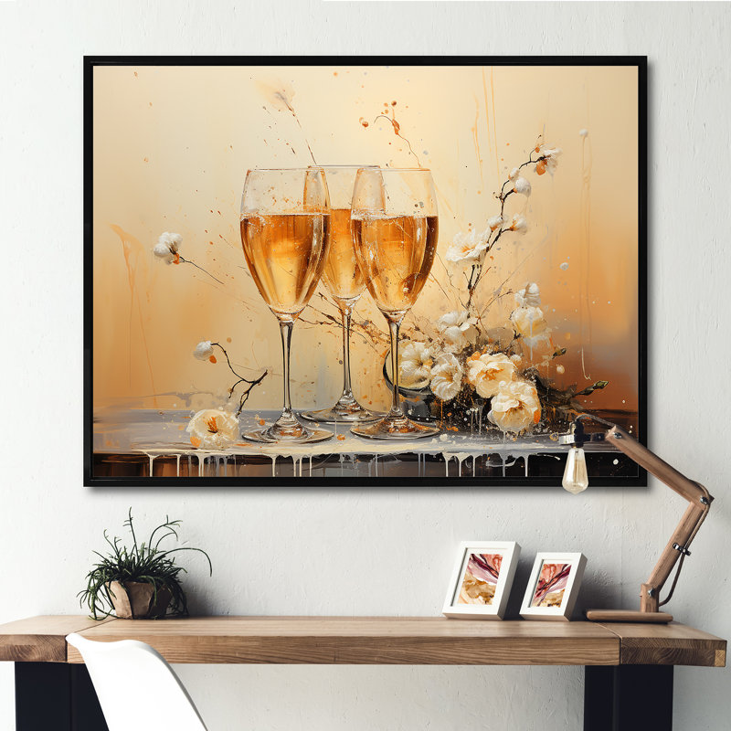 French Champagnes Cheers II - Imprimé, H 34 po x l 44 po x P 1,5 po, Cadre flottant noir