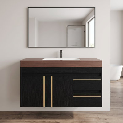 Meuble-lavabo mural simple noir de 91 cm (36 po) avec lavabo en céramique et comptoir en pierre frittée brun chaud