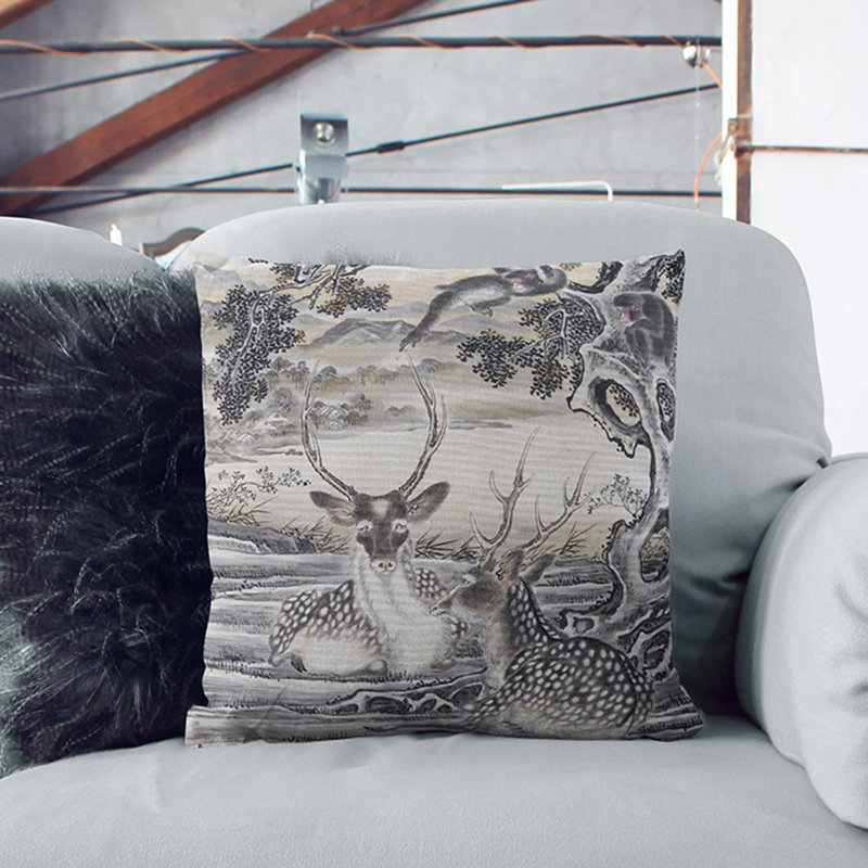 Deer Below The Monkeys Square Throw Cushion, Black, 40cm H x 40cm W x 15cm D