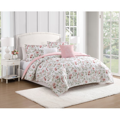 Mayfair Classic Cottage Floral Pink Sage Soft Brushed 4-Piece Comforter Set With Dec Pillow - Twin