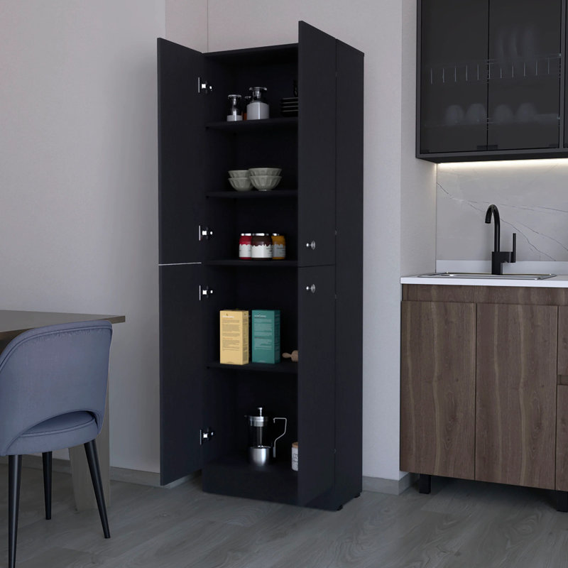 Black Pantry Cabinet With 5 Shelves & 4 Doors For Kitchen Enhancement And Charm, Black