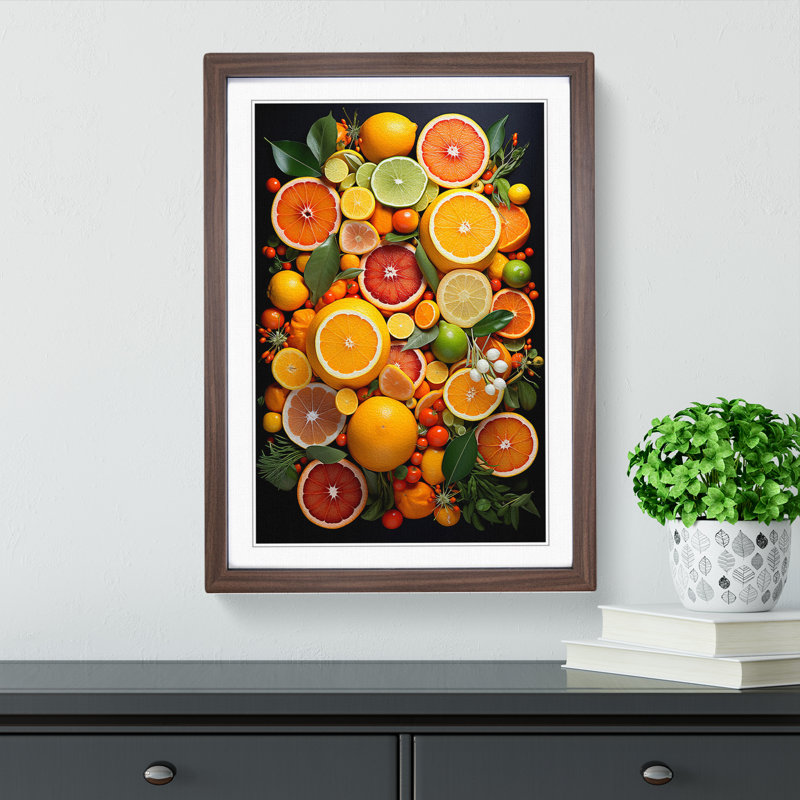 Citrus Fruits Tachisme - Single Picture Frame Print on Wood, 46cm H x 34cm W x 2cm D, Walnut Framed