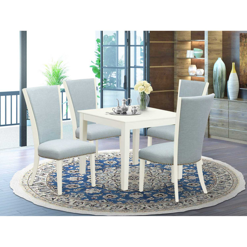 5 Piece Kitchen Table Set for 4 Includes a Square Dining Room Table and 4 Baby Blue Linen Fabric Parson Dining Chairs, Linen White