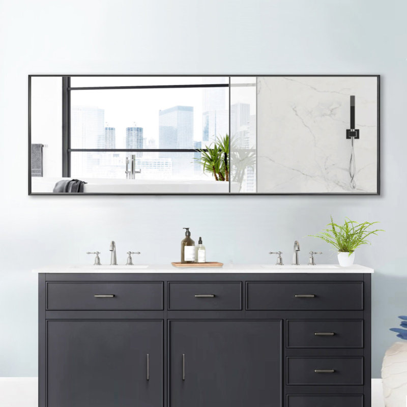 Modern & Contemporary Rectangle Bathroom Vanity Mirror Metal Framed Wall Mirror, Black, 22" x 65"
