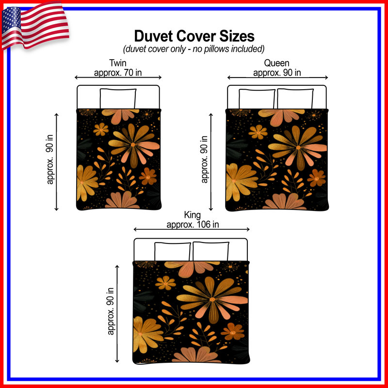 Housse de couette Floral Bedding, Housse de couette pour grand lit, Motif floral noir / orange