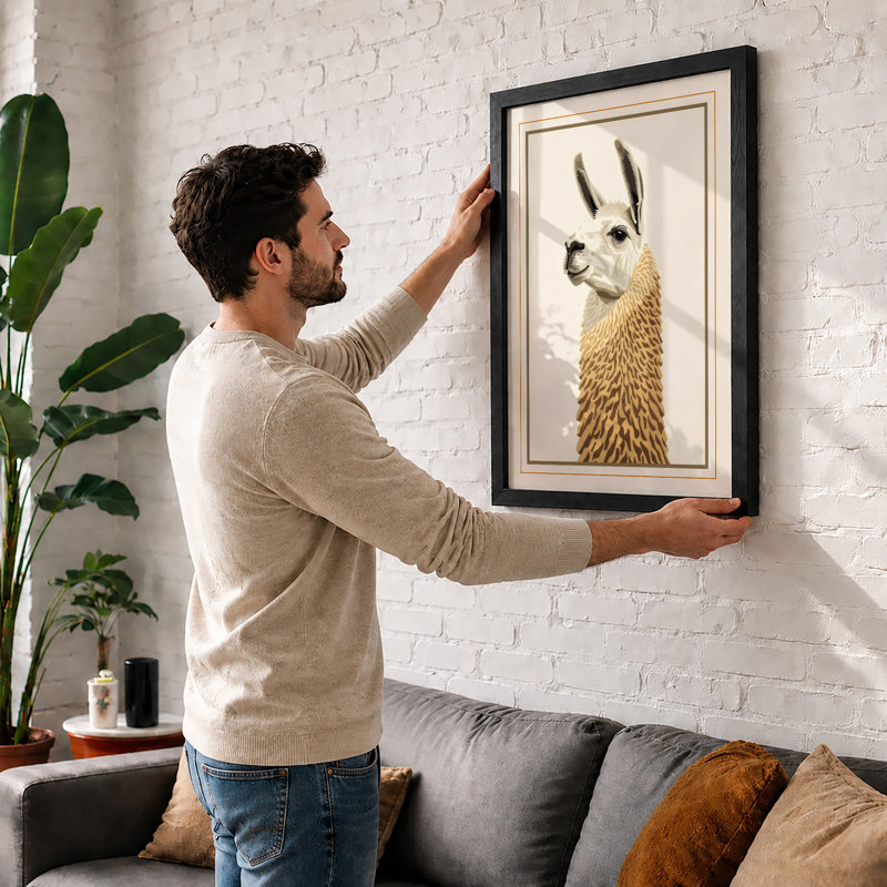 Llama in Profile Japandi - Framed Print, Walnut, A1 - 84.1 x 59.4 cm