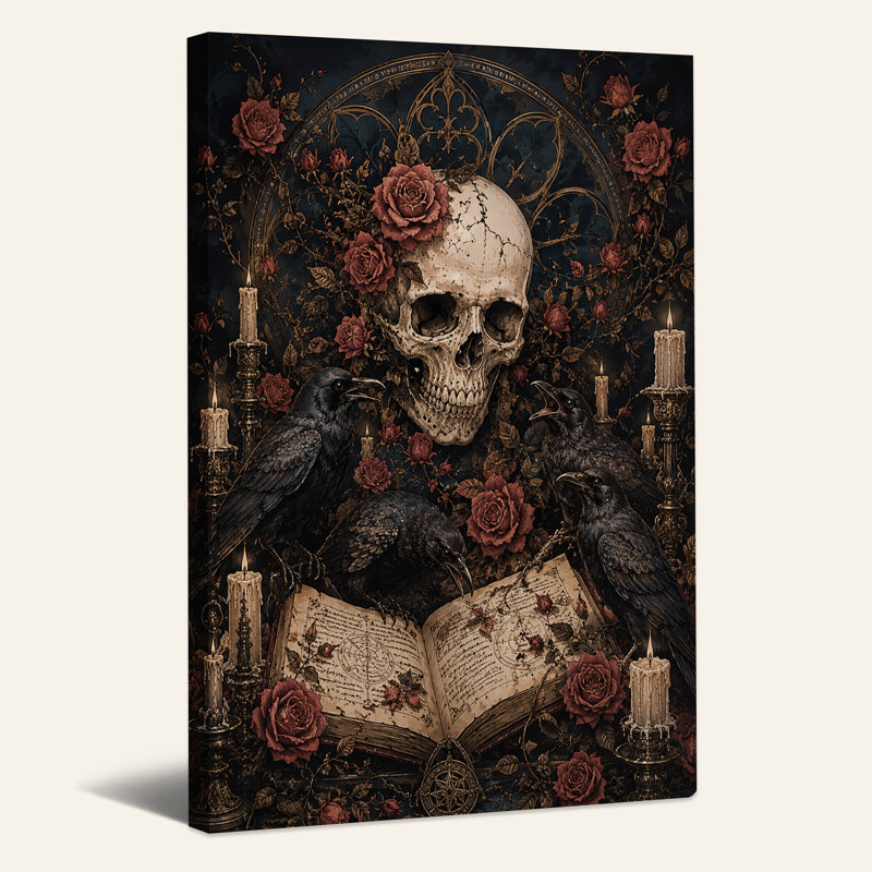 Impression sur toile, crâne gothique avec roses rouges et corneilles noires, H 30 po x l 20 po