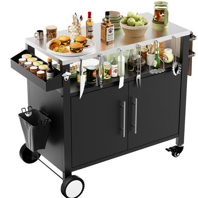 Outdoor Bbq Cart With Spice Rack And Push Handle - Convenient For Grilling, Black Rolling Grill Stainless Steel Tabletop Easy To Move Use,
