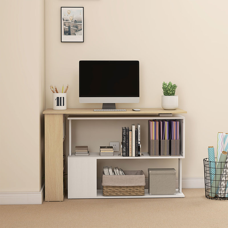 HOMCOM L Shaped Desk with Bookshelf, Natural