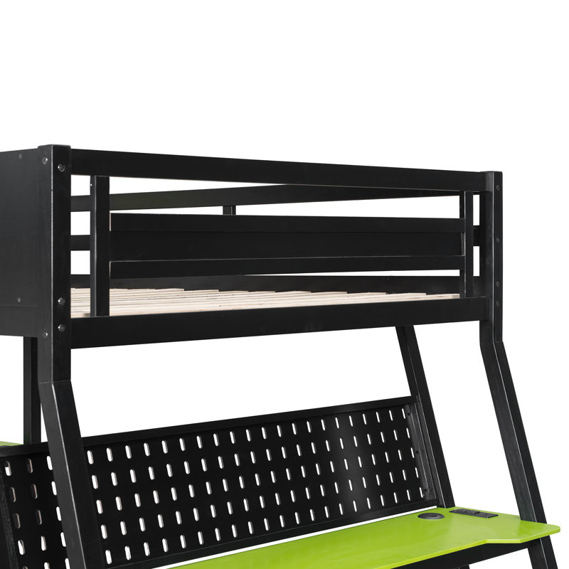 Modern Wooden Full Size Bunk Bed With Gaming Desks, Green