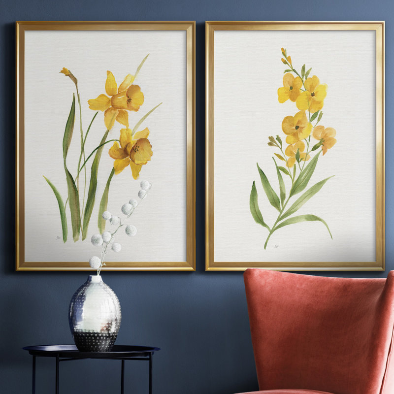 Ochre botanique I - ensemble de 2 reproductions d'art, Pas de tapis, Toile encadrée dorée, H 26,5 po x l 73 po x P 1,5 po