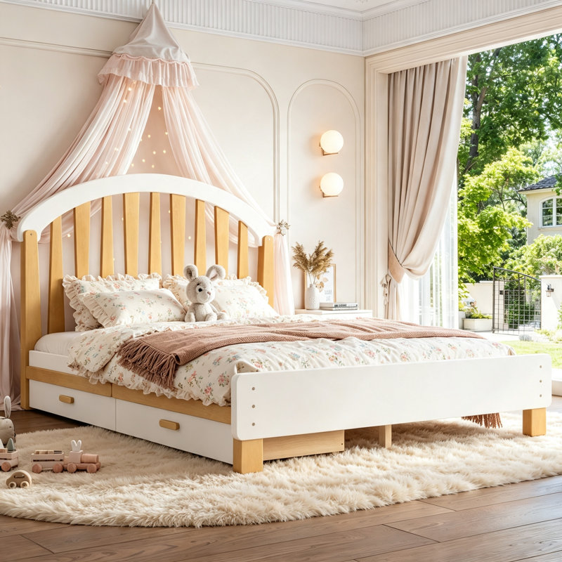 Lit plateforme double avec tiroir de rangement, cadre de lit double en bois avec tête de lit ronde, aucun sommier nécessaire, blanc et naturel
