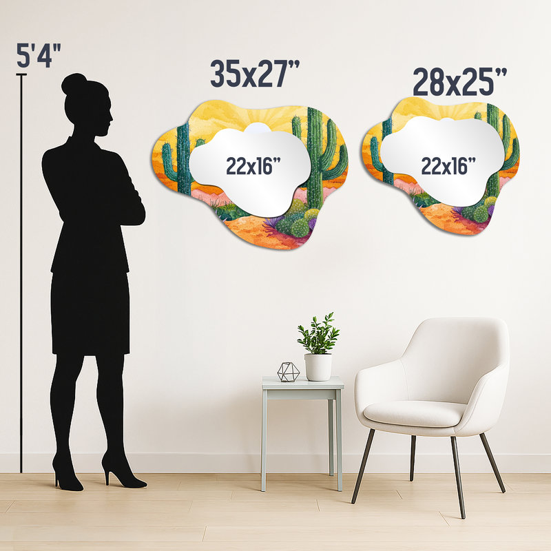 Miroir mural Minimalist Cloud - Cactus Landscape at Sunset, impression sur métal, 27 po x 35 po
