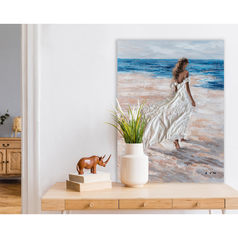 «Barefoot Girl on the Beach», peinture sur toile tendue, H 16 po x l 12 po x P 1 po
