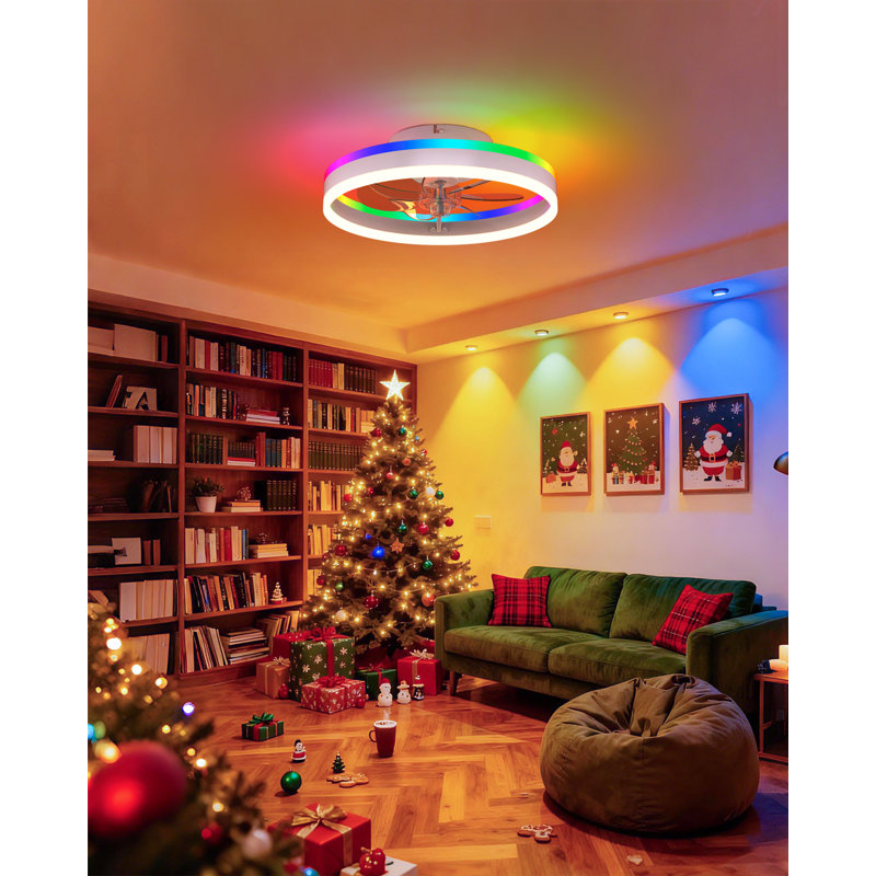RGB Ceiling Fan with Lights, low profile ceiling fans with lights and remote, Flush Mount LED Fan Light, Modern Bladeless Fandelier for Bedroom Works with APP, 16IN White