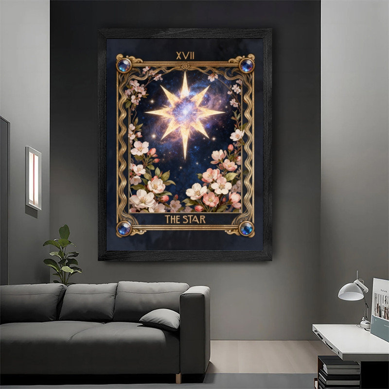 Art mural noir encadré noir Tarot The Star - Mystical Boho Spiritual Decor, H 17 po x l 13 po
