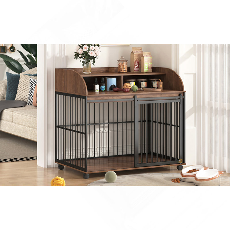 Meuble de rangement robuste pour chien de 44 po de hauteur 44 po avec roues verrouillables, cage pour chien en bois, cage de table de bout avec rangement double couche, brun