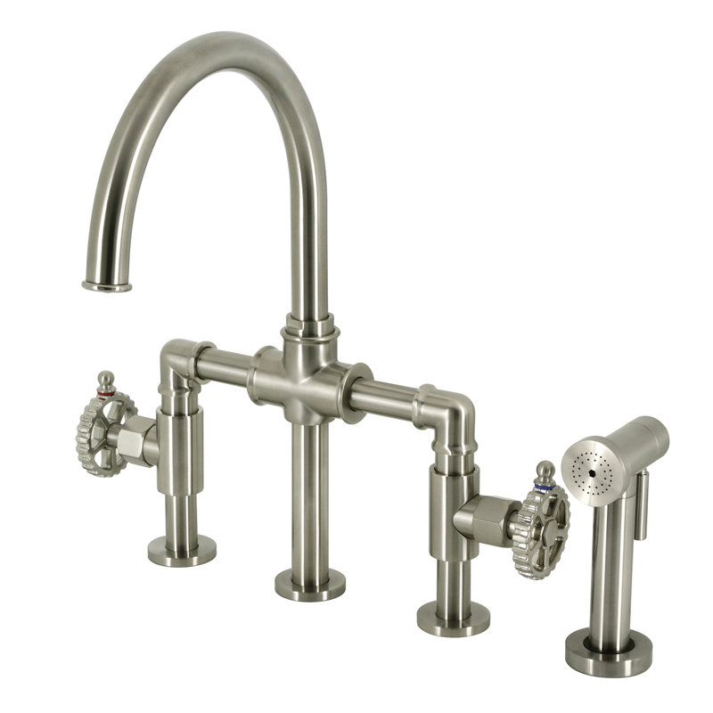 Kingston Brass Fuller Two-Handle 4-Hole Deck Mount Industrial Style Bridge Kitchen Faucet with Side Sprayer, Brushed Nickel