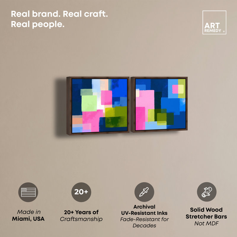 «Bright Blocks Duo», ensemble d'art mural moderne sur toile encadrée, H 13 po x l 13 po, Cadre noyer