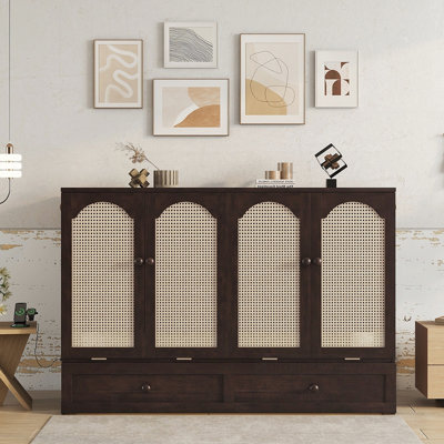 Murphy Bed, Cabinet Bed with Power Station and Rattan Decoration Panel for Space-Efficient Living