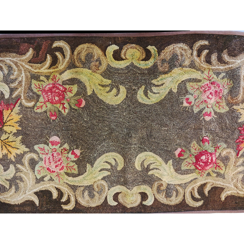 Brown Gray Color Antique Floral Inlay Design American Hooked Rug