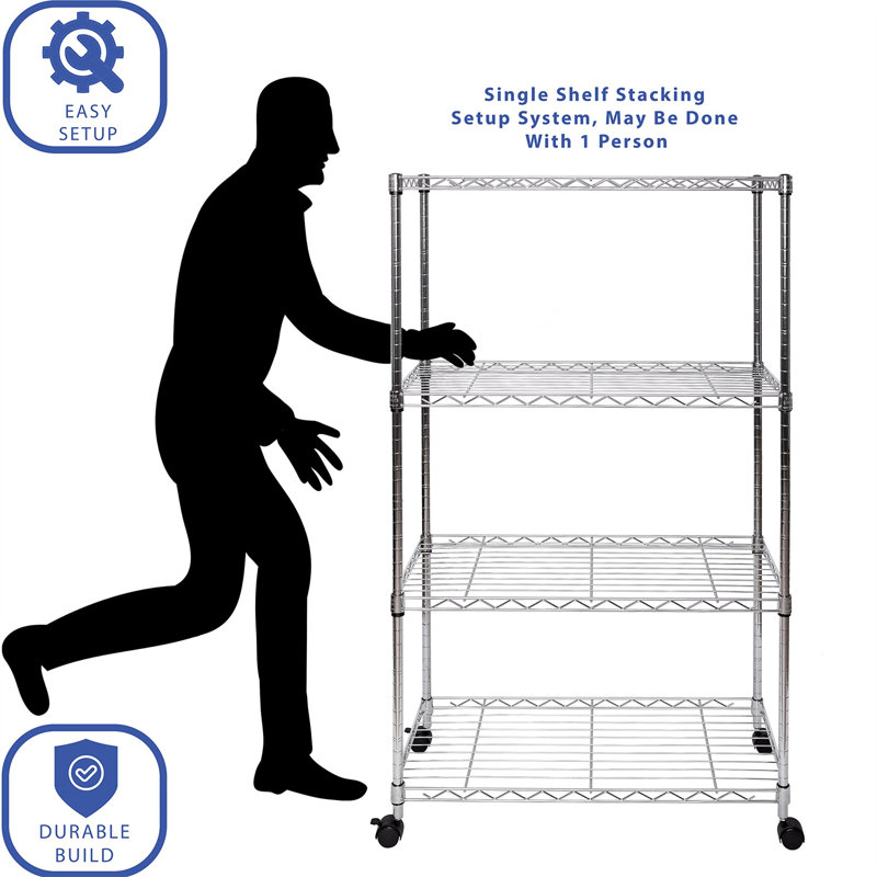 Adjustable 4-Tier Gray Steel Wire Shelving Unit with Wheels