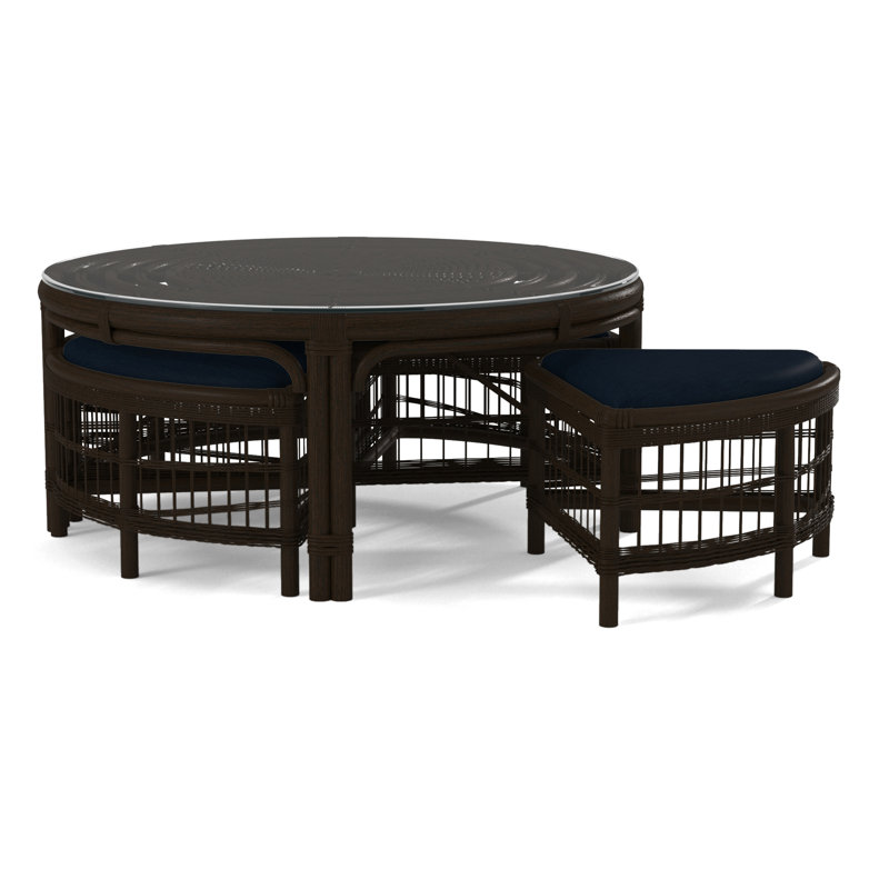 Raffles Rattan Cocktail Table with Benches, Java, Light Blue Performance Fabric; 0851-55
