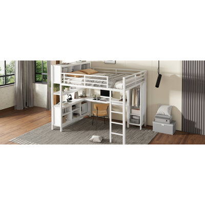 Queen Loft Bed With Desk And Wardrobe, Metal, White, Stable Frame, Space Saving, Easy To Assemble Metal For Teens Adults, Queen, Wardrobe Desk, , Setup