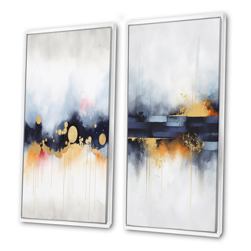 Ensemble de 2 décorations murales abstraites en marbre bleu et jaune Waterfall IV, H 32 po x l 33 po, Cadre flottant blanc