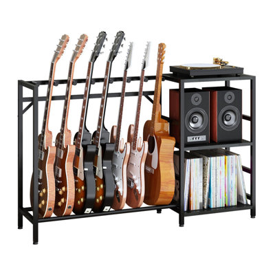 Record Player Stand With Guitar Stand, Record Player Table With Guitar Rack, Guitar Holder 7 Space For Multiple Guitars, Bass, Acoustic, Guitar Displa