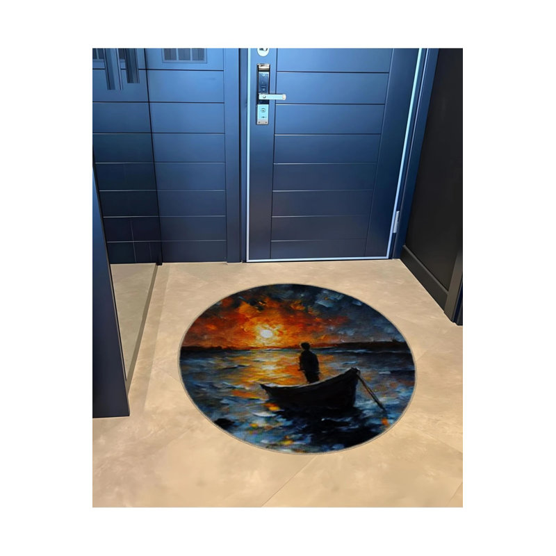 Round Woven Base Modern Decorative Carpet With Sea Sunset And Human In A Boat Pattern, Round 2'8"