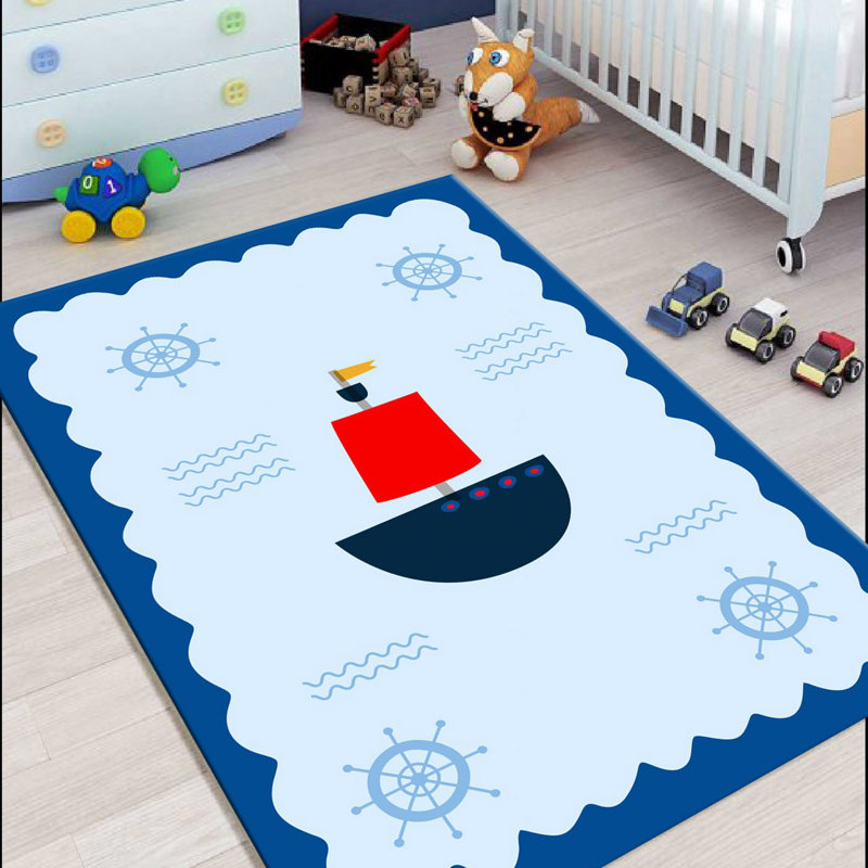Tapis rectangulaire tissé à la machine en polyester bleu clair Kintzel, Rectangle 4 pi 11 po x 7 pi 7 po