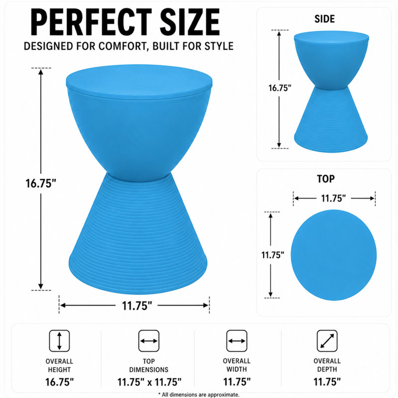 Durant Modern Hourglass Drum End Table with Removable Storage Lid, Indoor Outdoor Side Table & Small Patio Stool, No Assembly Lightweight Accent Table