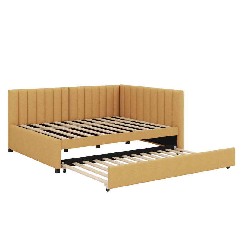 A Full-Sized Upholstered Daybed Incorporating A Built-In Trundle Bed, Yellow