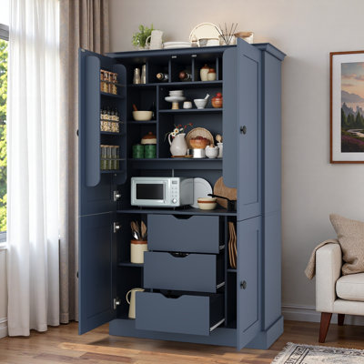 Armoire de cuisine autoportante avec 4 portes, 3 tiroirs, 6 tablettes de porte, tablettes amovibles et 6 porte-bouteilles