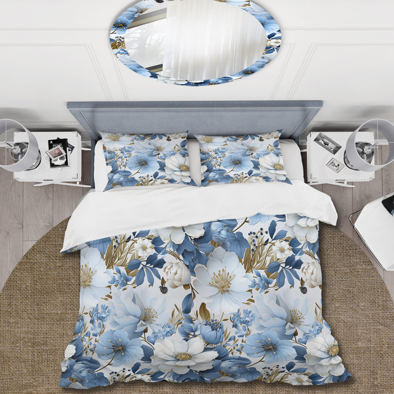 Literie Serene Blue Garden, Housse de couette simple + 1 taie décorative stan