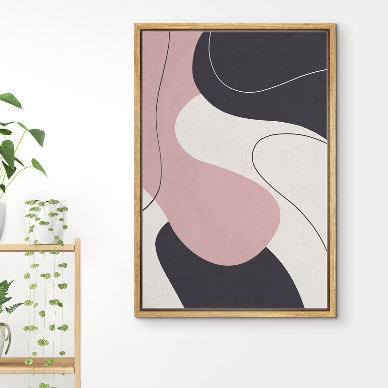 Abstrait rose et formes foncées avec ligne - cadre flottant, impression sur toile, Encadrement brun