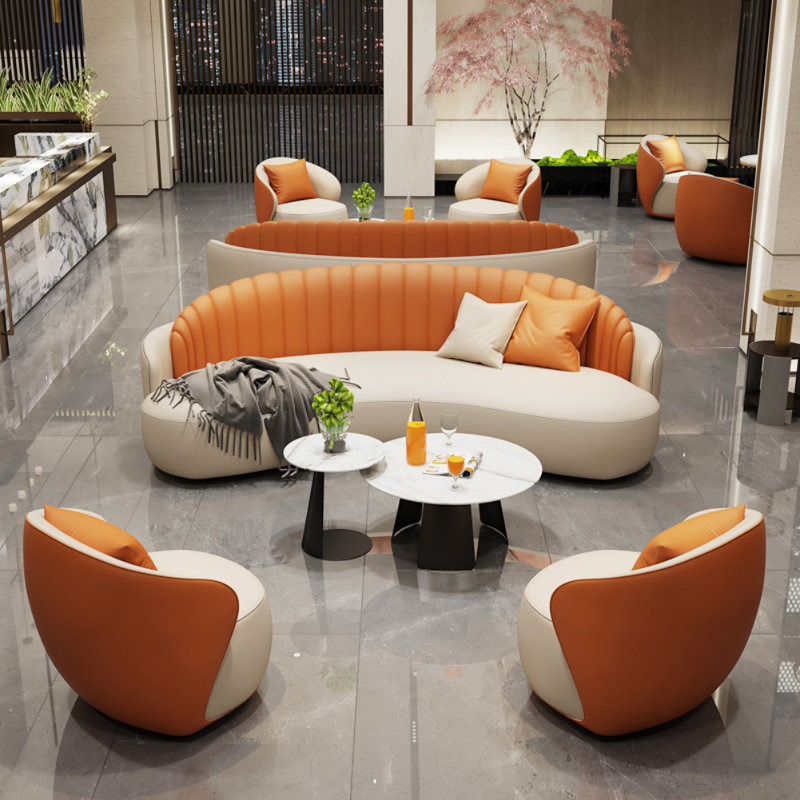 Canapé de salon italien de luxe à lumière minimaliste italienne, Orange / blanc cassé