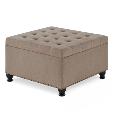 Large Square Storage Ottoman With Legs, Button Tufted Upholstery And Nail Trims For Living Space