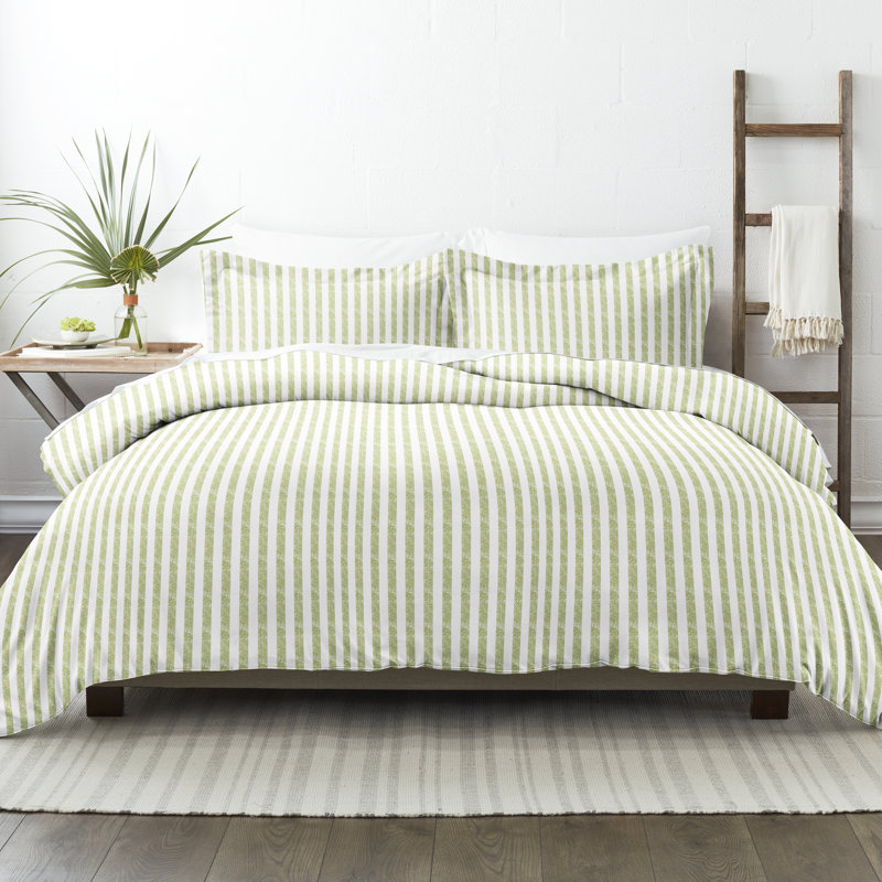 Sage and White Striped Twin Microfiber Duvet Cover Set