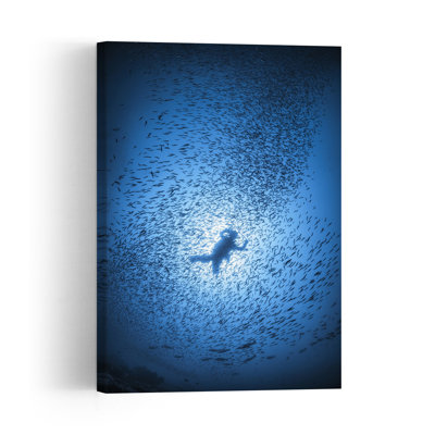 Diver Among Fish Serene Tranquil Abstract Fish Ocean Architecture Wall Art Print 1 Piece Wrapped Canvas Wall Art