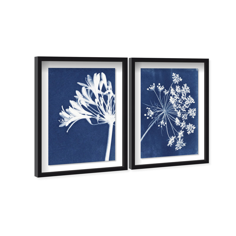 Cyan Flowers Set Shadowbox Floral & Botanical Print by Oliver Gal, Black Frame, 10 x 15, 17.5"H x 25.5"W, Black Shadowbox